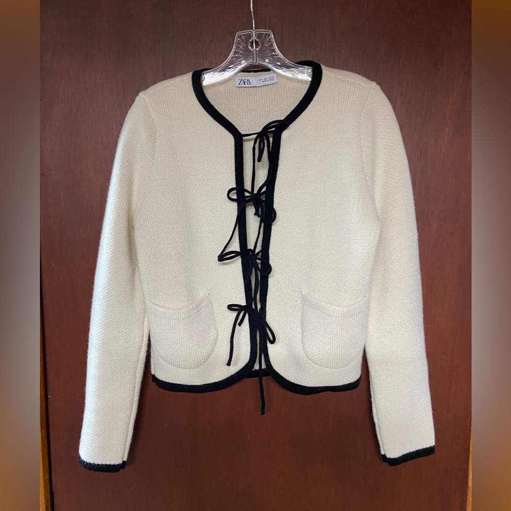 Zara Women Cardigan Ivory Wool Alpaca Bows Ties Neck Long Sleeve Size Large